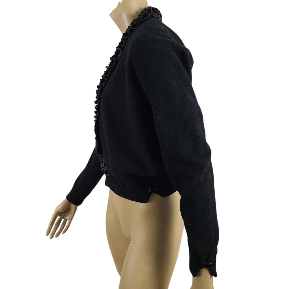 Dalton Cashmere Cardigan Vintage 50s Pinup Scroll Ruffle Trim Cinch Waist Black - Picture 6 of 16